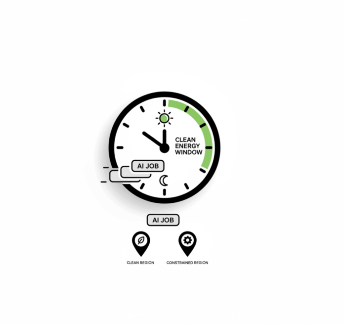 Minimal diagram of a 24 hour clock with AI jobs sliding into a green low carbon window and two region pins below.